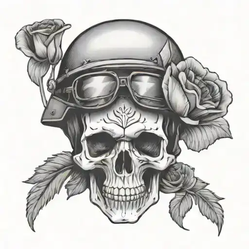 Skull Wearing Army Helmetwith Red Poppies Blooming