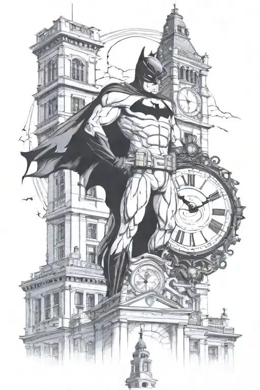 Batman Standing Infront Of Clock Tower In Gotham Cit Tattoo
