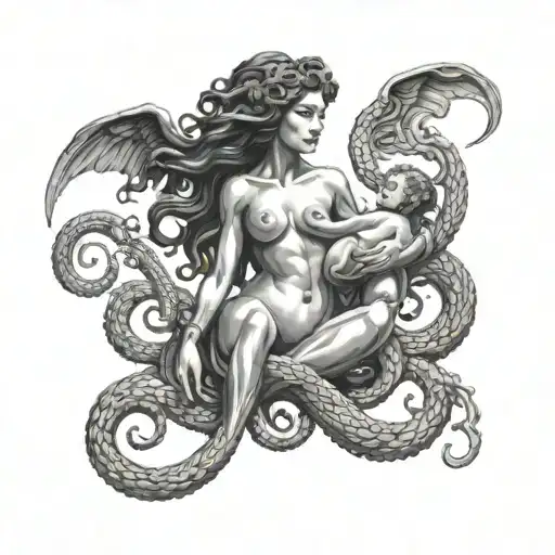 Full Body Medusa Holding A Winged Baby