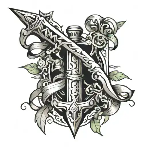 A Sword With Ribbon Around It And With Green Twig Forming A U Shape In The Outside