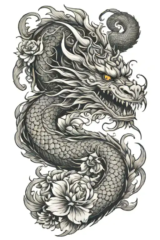 A Japanese Dragon Wrapped Around The Forearm Sleeve Tattoo With A Few Flowers And Smoke