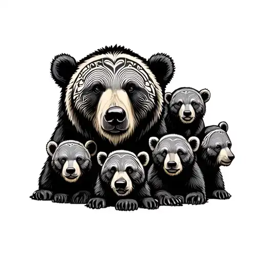 Bear And Four Cubs Stacked Totem Tribal Tattoo Design