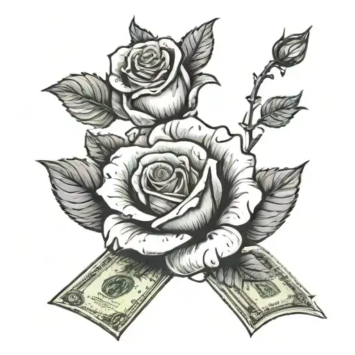 A Surreal Scene Of A Rose Growing Out Of A Pile Of Money Under A Starry Sky