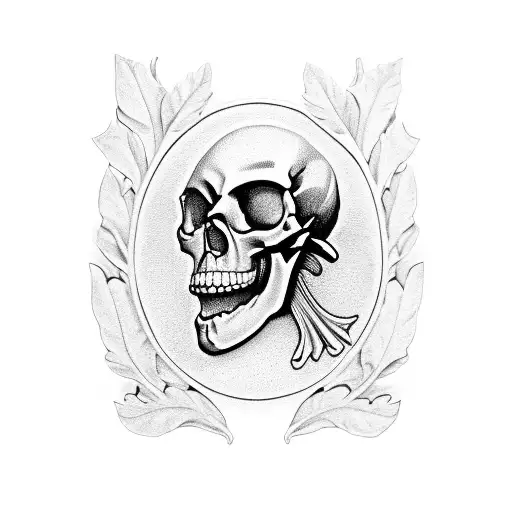 Realisic Skull Inside A Laurel Wreath Momento Mori Written Underneath In Old English Font