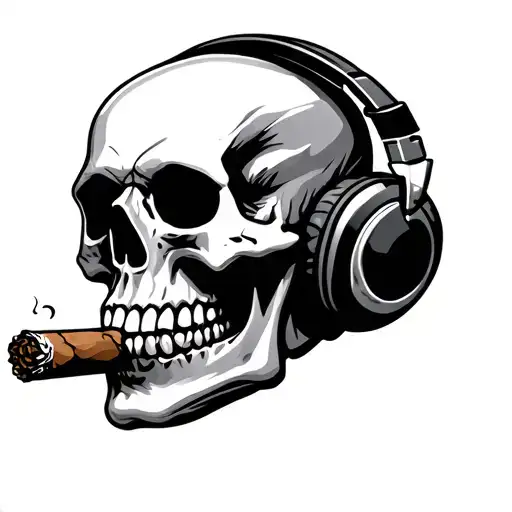 Cigar Smoking Skull Wearing Headphones