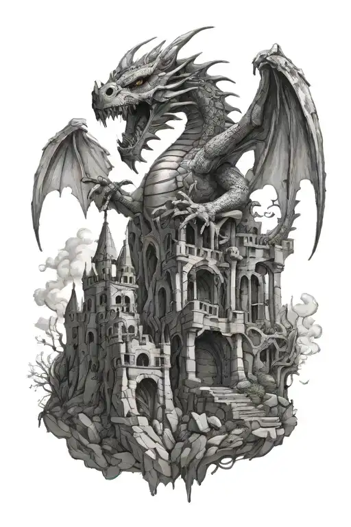 Dragon Protecting Castle Ruins Intertwined Littered With Skull And Bones At Bottom