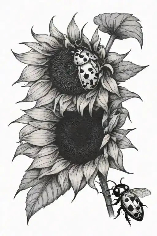 Fine Line Sunflower With Ladybug Sitting On Top