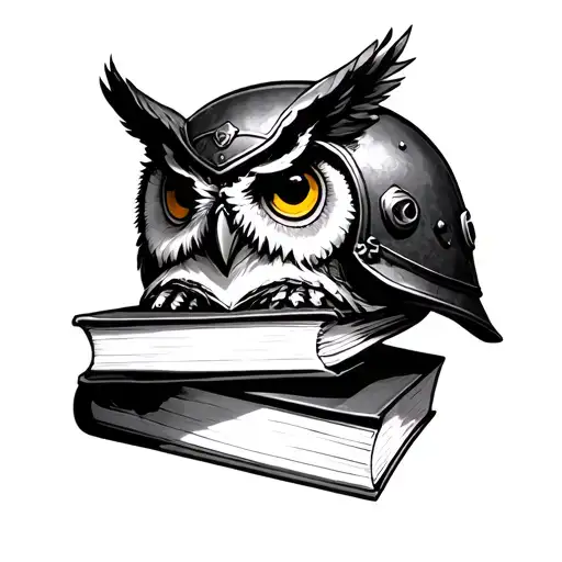 Owl On A War Helmet On Books