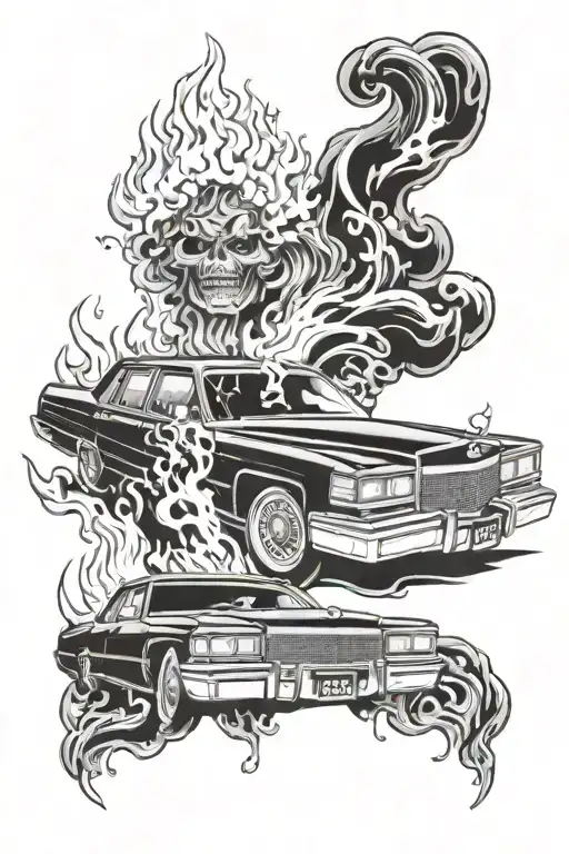 A Black 1989 Cadillac Deville In Flames