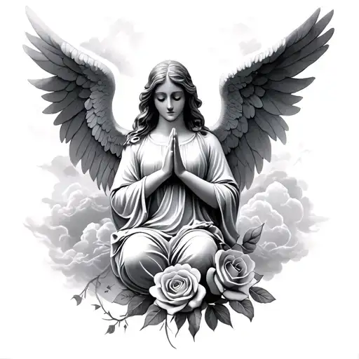 Angel Praying With Clouds And Roses
