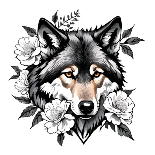 Wolf With Carnation Flowers And Gemini Horoscope Sign