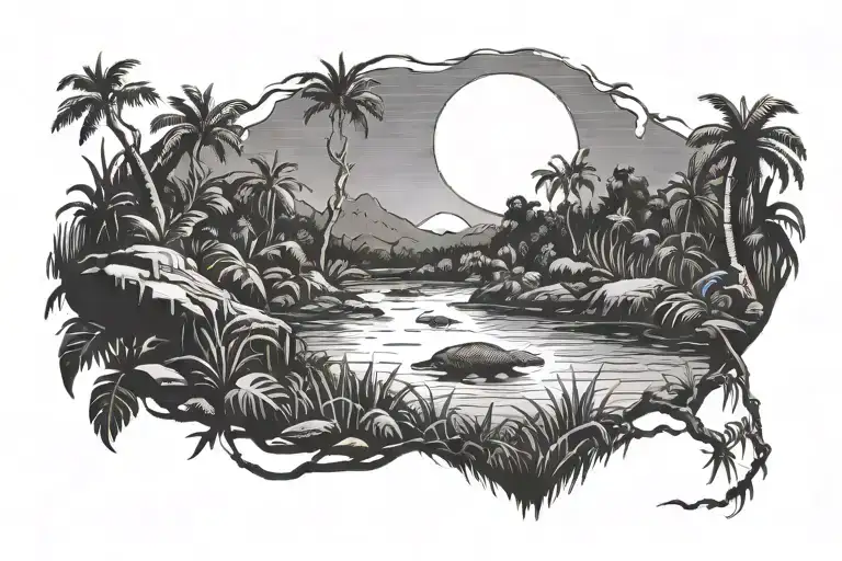 Jungle With A River Flowing Towards The Front And Beaver Building A Dam And A Large Bright Moon
