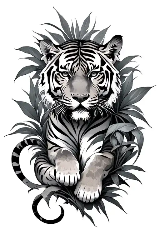 Tiger Stretching Between Intertwined Plants