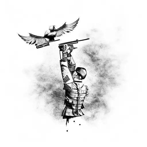 A Black And Grey Tattoo Of A Soldier Shooting A Gun With A Majestic Bird Flying Overhead