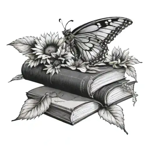 A Stack Of Books With Moth Wings And Sunflowers Growing From The Pages