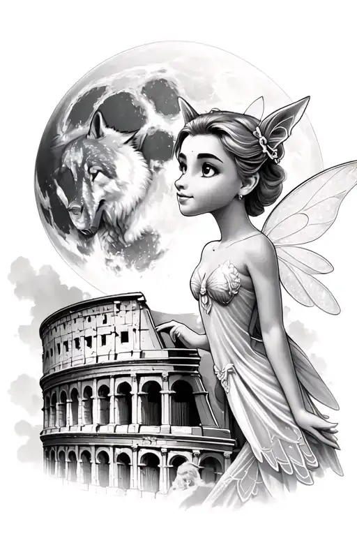 Tinker Bell With Wolf Moon Inside Roman Coloseum