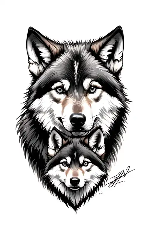 Realistic Male Wolf And Pup