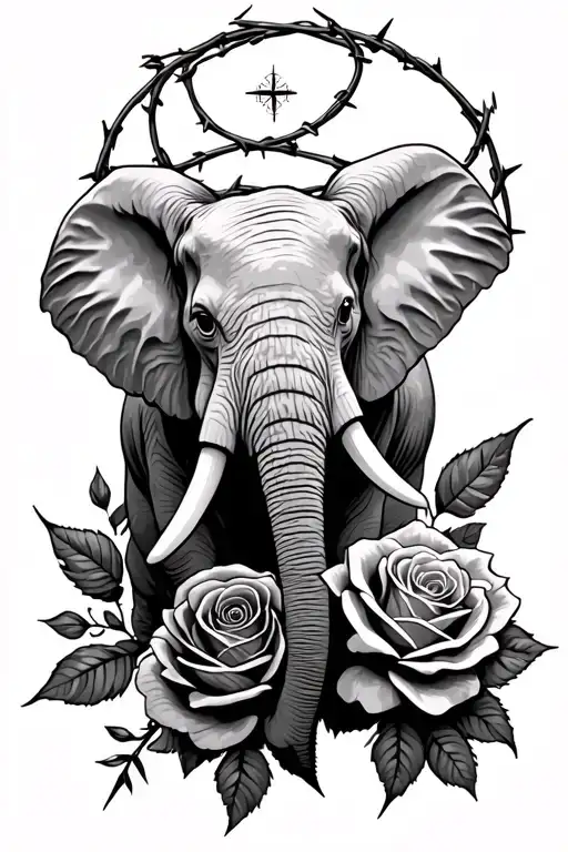 Elephant With Barbed Wire Of A Rose And A Compass