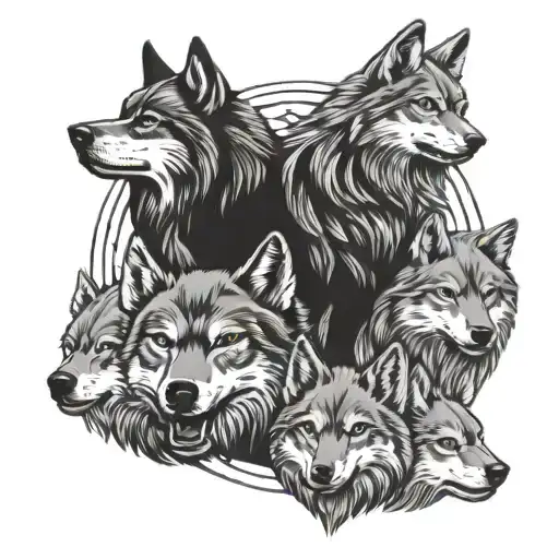 Tattoo Of Evil Father Wolf With 3 Young Wolves In The Wild