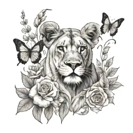 Lioness With Dog And Flowers And Butterflies
