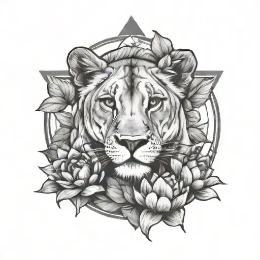 Lioness With Cub And Lotus Flowers