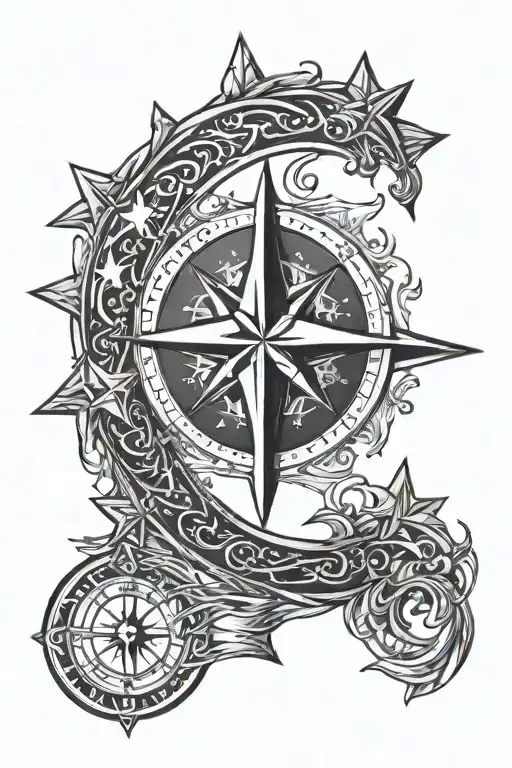 Crescent Moon With 4 Stars And Compass