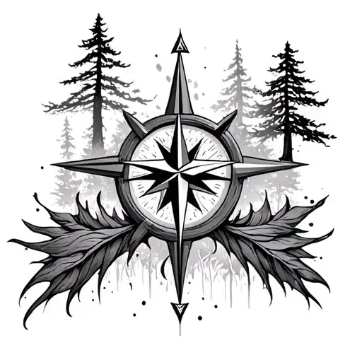 Cross With Compass And Nature Elements Like Trees
