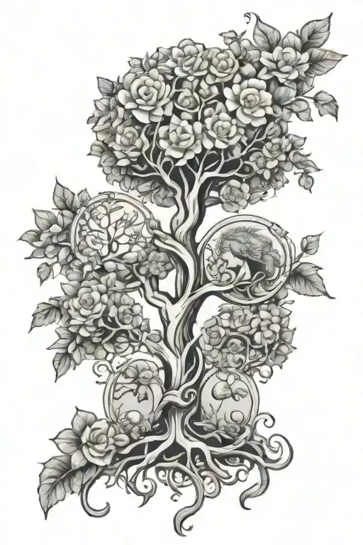 Tree Of Life With Three Kids And Flowers Growing