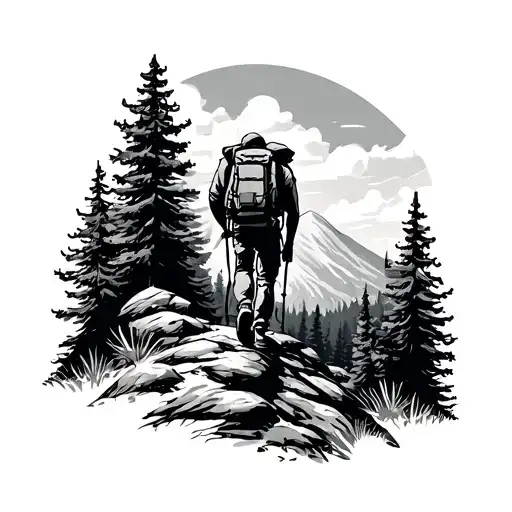 Hiker On Trail On A Wooded Mountain Range