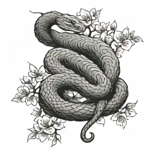 A Singular Snake Wrapped Around A Cherry Blossom Tree With Flowers On It