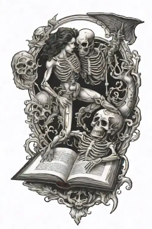 Diver And Mermaid In Skeleton Holding Open Book Surrounded