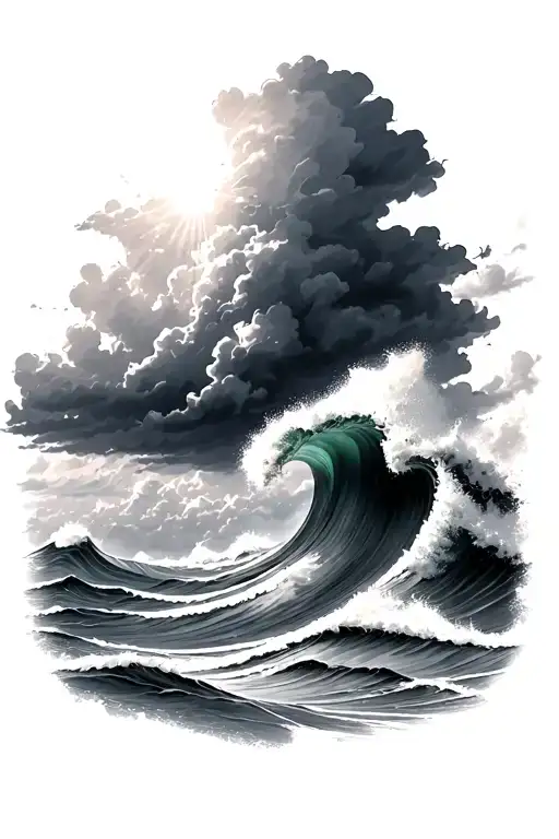 Rough Ocean Waves With Storm Clouds And Sunlight Filtering