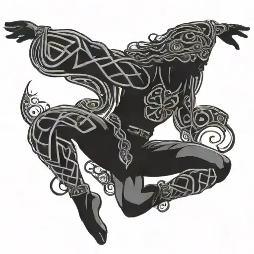 A Silhouette Of A Dancer Mid-jump With Celtic Symbols Incorporated Into The Design