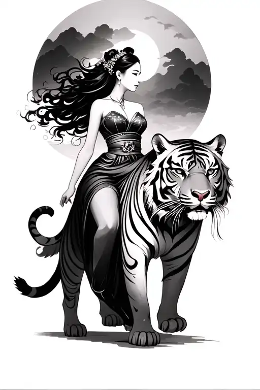 Japanese Woman With Long Flowing Dress Riding Tiger
