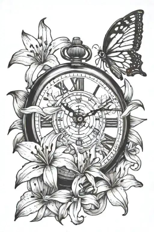 Pocket Watch Surrounded With Lily Flowers