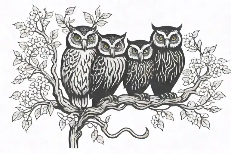 3 Owls Hawthorn Tree Vine Tree Intertwined