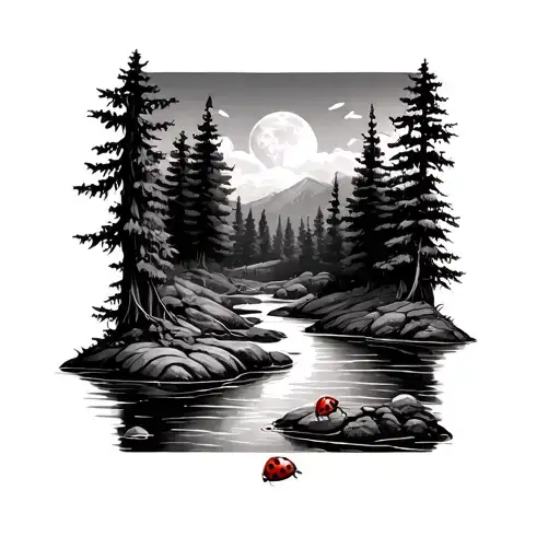 River Flowing Through A Forest With Lady Bugs