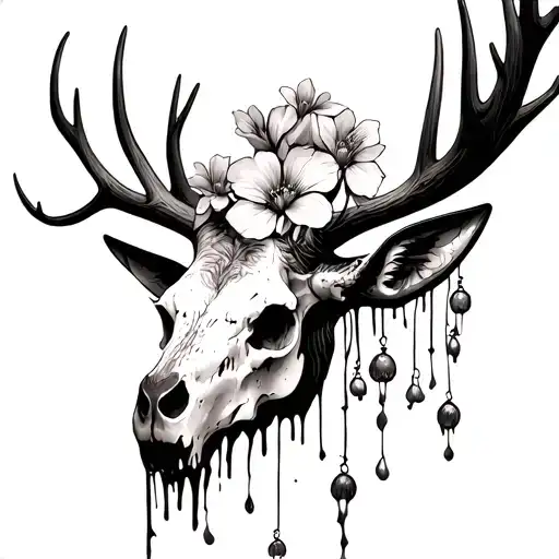 Elk Skull With Love Lies Bleeding Flowers Hanging From The Antlers