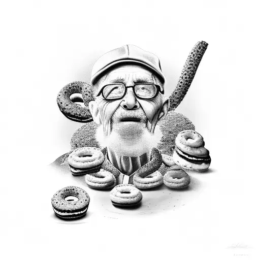 A Realistic Black And Grey Portrait Of An Elderly Baker Surrounded By Donuts And Dates