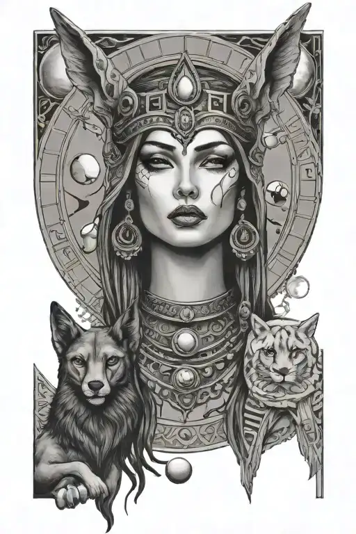 Isis Goddess With Anubis And Full Moon Phases