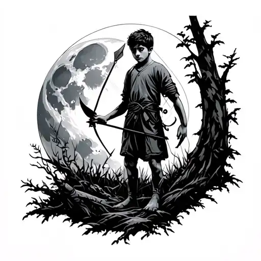 Boy In The Forest With Arrow And Bow Full Moon