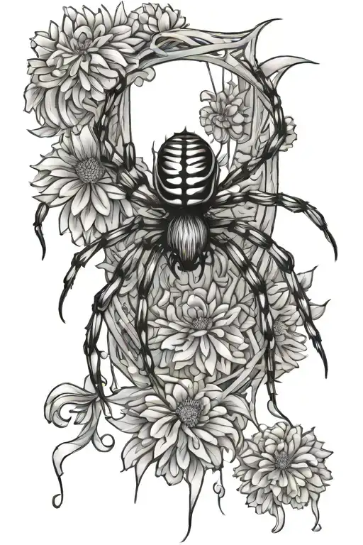 Spider Dangaling From A Web With Chrysanthemums Flower