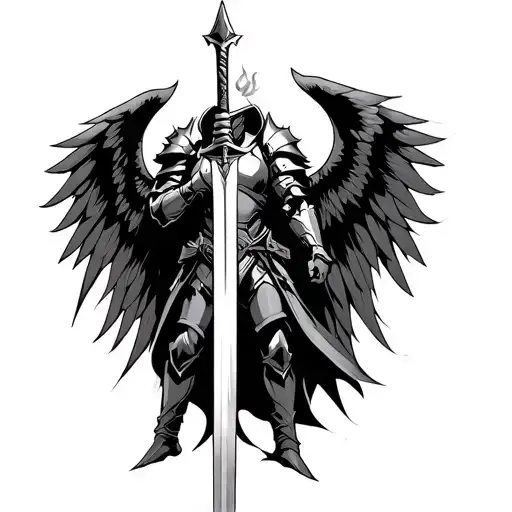 Tall Armored Silhouette With Wings Holding A Flaming Sword