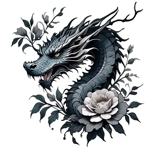 Flowers Sleeve Tattoo Featuring Dragon