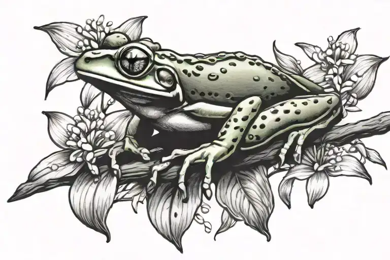 Tree Frog On A Branch With Lily Of The Valley Flowers