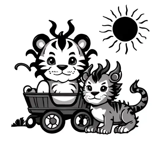 Small Cartoon Tiger And Dragon With A Sun And Cart