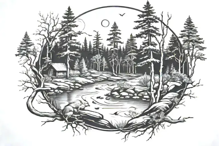 Forest With A River Flowing Towards The Front And Beaver Building A Dam And A Large Bright Moon