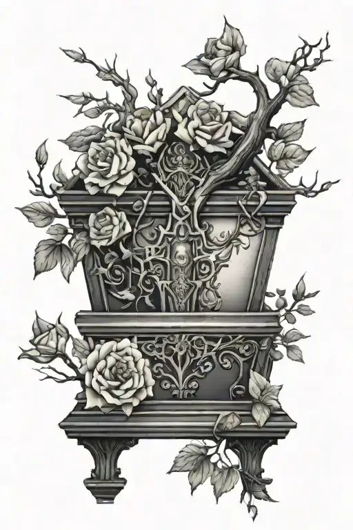 Upright Open Coffin With A Ominous Tree In The Background With Flowers