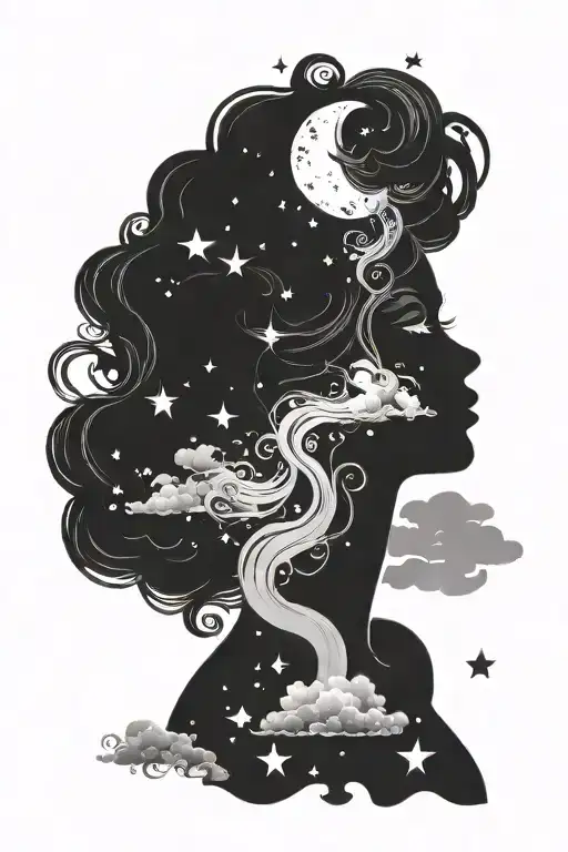 Female Silhouette With Gas Clouds And Stars And Moon