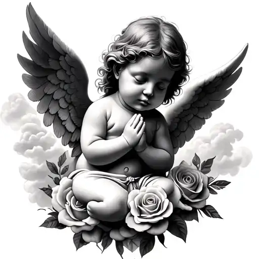 Baby Angel Praying With Clouds And Roses